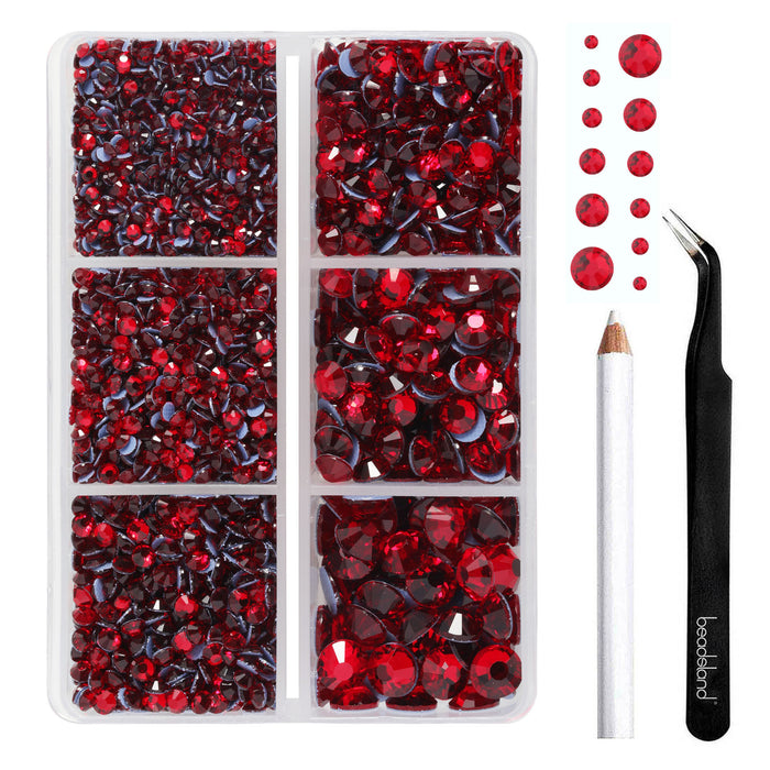 BEADSLAND Hotfix Rhinestones, 4000 PCS Red Rhinestones for Clothes Crafts Mixed 6 Sizes with Wax Pencil and Tweezers Kit, SS6-SS30, Siam