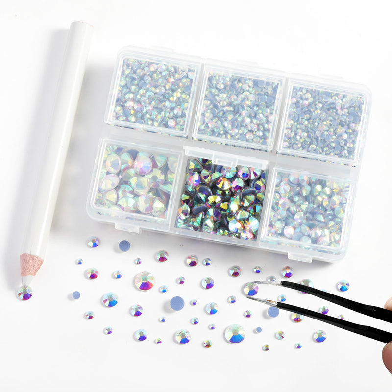 BEADSLAND Hotfix Rhinestones, 4000 PCS AB Rhinestones for Clothes Crafts Mixed 6 Sizes with Wax Pencil and Tweezers Kit, SS6-SS30, Crystal AB