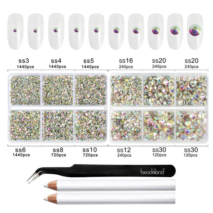 Beadsland 8300PCS Flatback Rhinestones, Nail Gems Round Crystal Rhinestones for Crafts, Mixed 10 Sizes with Wax Pencil and Tweezer Kit, SS3-SS30 - Crystal AB