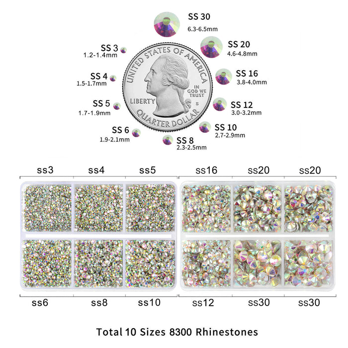 Beadsland 8300 Stück Strasssteine ​​mit flacher Rückseite, Nagelsteine, runde Kristall-Strasssteine ​​zum Basteln, gemischt in 10 Größen mit Wachsstift und Pinzetten-Set, SS3-SS30 – Kristall AB