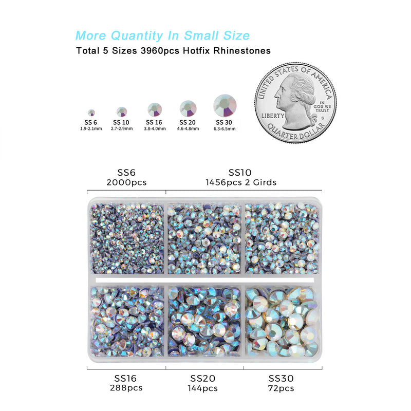Hotfix Rhinestones 3960pcs, Rhinestone for Clothes, Hot Fix Crystals Rhinestones with Tweezers and Wax Pencil Kit,Mixed 5 Sizes, SS6-SS30, Clear AB