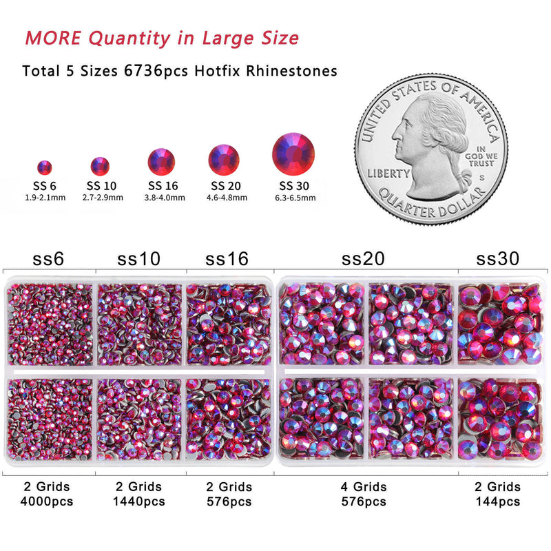 6736pcs Hotfix Rhinestones for Crafts Clothes Mixed 5 Sizes, Hotfix Crystals with Tweezers and Wax Pencil Kit, SS6-SS30- Siam AB