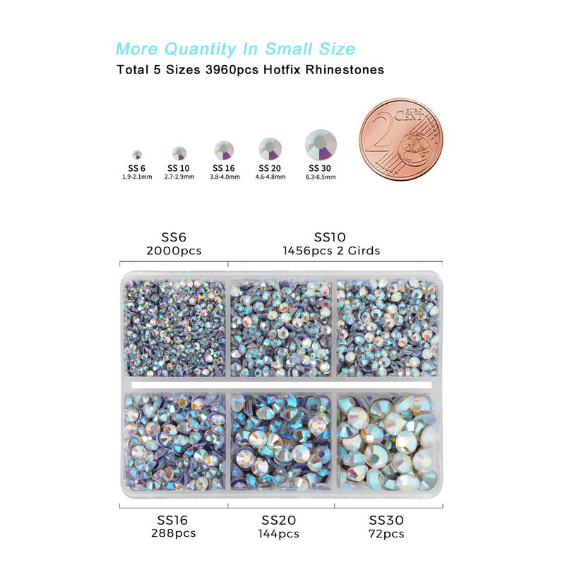 Hotfix Rhinestones 3960pcs, Rhinestone for Clothes, Hot Fix Crystals Rhinestones with Tweezers and Wax Pencil Kit,Mixed 5 Sizes, SS6-SS30, Clear AB
