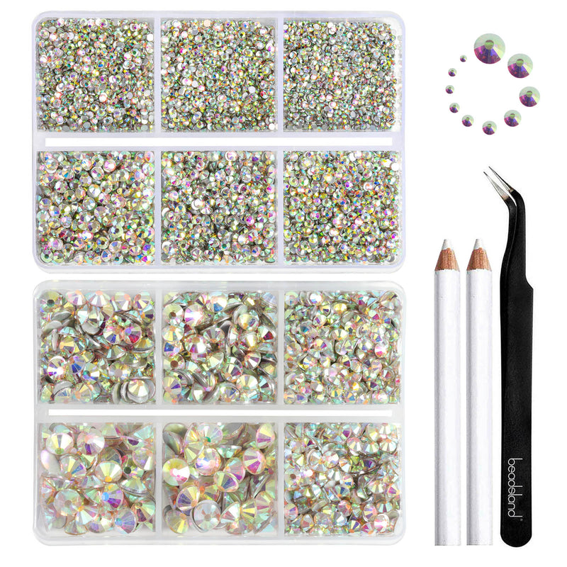 Beadsland 8300PCS Flatback Rhinestones, Nail Gems Round Crystal Rhinestones for Crafts, Mixed 10 Sizes with Wax Pencil and Tweezer Kit, SS3-SS30 - Crystal AB