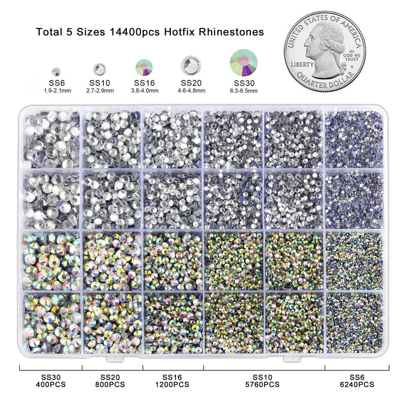 Hotfix Rhinestones Multi Sizes Kit, 14400 pcs Heat Fix Rhinestone for Bedazzling Clothes Crafts Mixed 5 Sizes with Wax Pencil, Tweezers and Spoon, SS6-SS30, Clear AB and Crystal