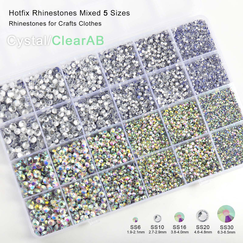 Hotfix Rhinestones Multi Sizes Kit, 14400 pcs Heat Fix Rhinestone for Bedazzling Clothes Crafts Mixed 5 Sizes with Wax Pencil, Tweezers and Spoon, SS6-SS30, Clear AB and Crystal