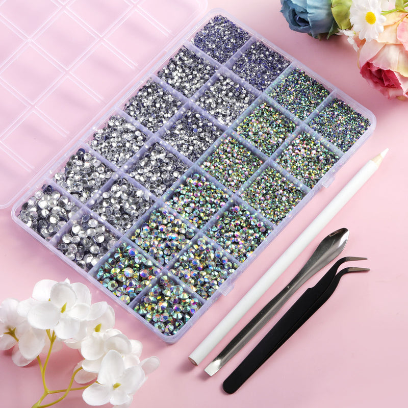 Hotfix Rhinestones Multi Sizes Kit, 14400 pcs Heat Fix Rhinestone for Bedazzling Clothes Crafts Mixed 5 Sizes with Wax Pencil, Tweezers and Spoon, SS6-SS30, Clear AB and Crystal