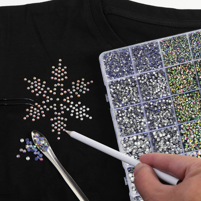 Hotfix Rhinestones Multi Sizes Kit, 14400 pcs Heat Fix Rhinestone for Bedazzling Clothes Crafts Mixed 5 Sizes with Wax Pencil, Tweezers and Spoon, SS6-SS30, Clear AB and Crystal
