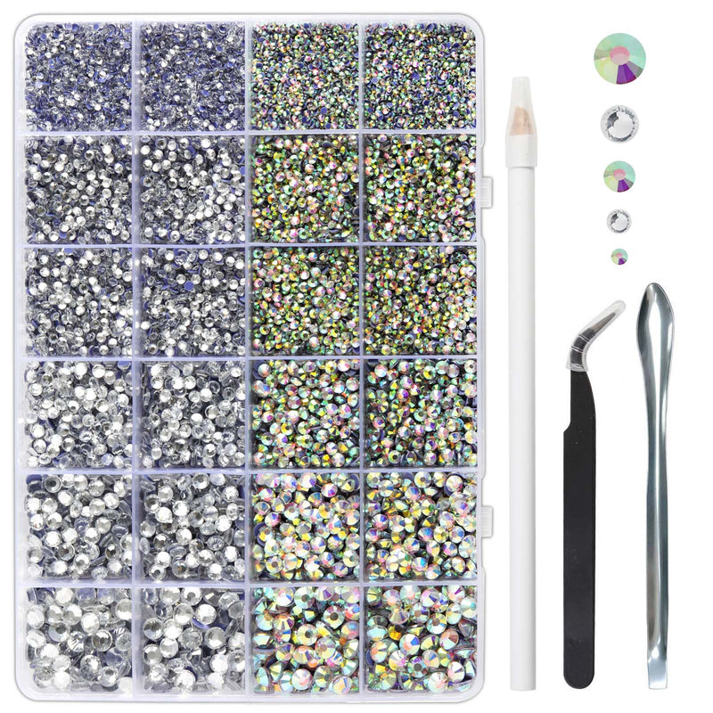 Hotfix Rhinestones Multi Sizes Kit, 14400 pcs Heat Fix Rhinestone for Bedazzling Clothes Crafts Mixed 5 Sizes with Wax Pencil, Tweezers and Spoon, SS6-SS30, Clear AB and Crystal