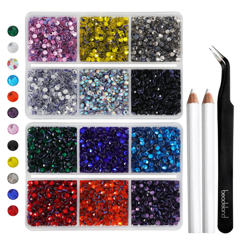 Hotfix Rhinestones Mixed 12 Colors, Rhinestones for Crafts Clothes, Hotfix Crystals with 1 Tweezers and 2 Wax Pencils