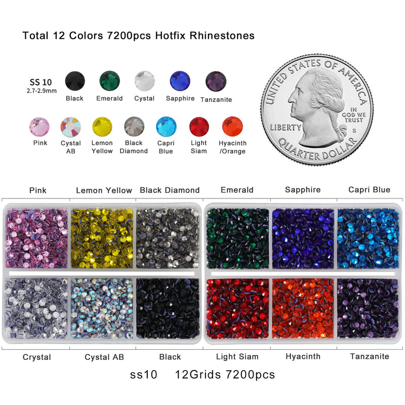 Hotfix Rhinestones Mixed 12 Colors, Rhinestones for Crafts Clothes, Hotfix Crystals with 1 Tweezers and 2 Wax Pencils