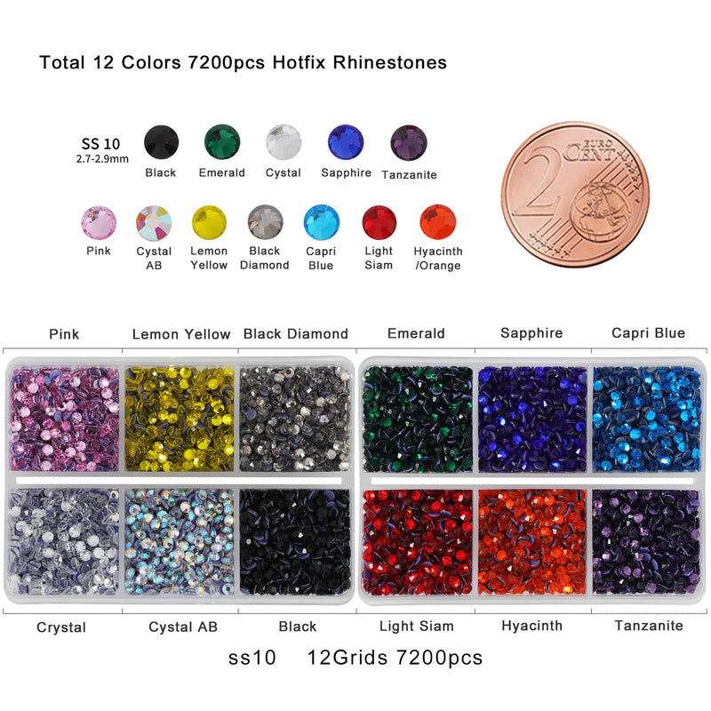 Hotfix Rhinestones Mixed 12 Colors, Rhinestones for Crafts Clothes, Hotfix Crystals with 1 Tweezers and 2 Wax Pencils