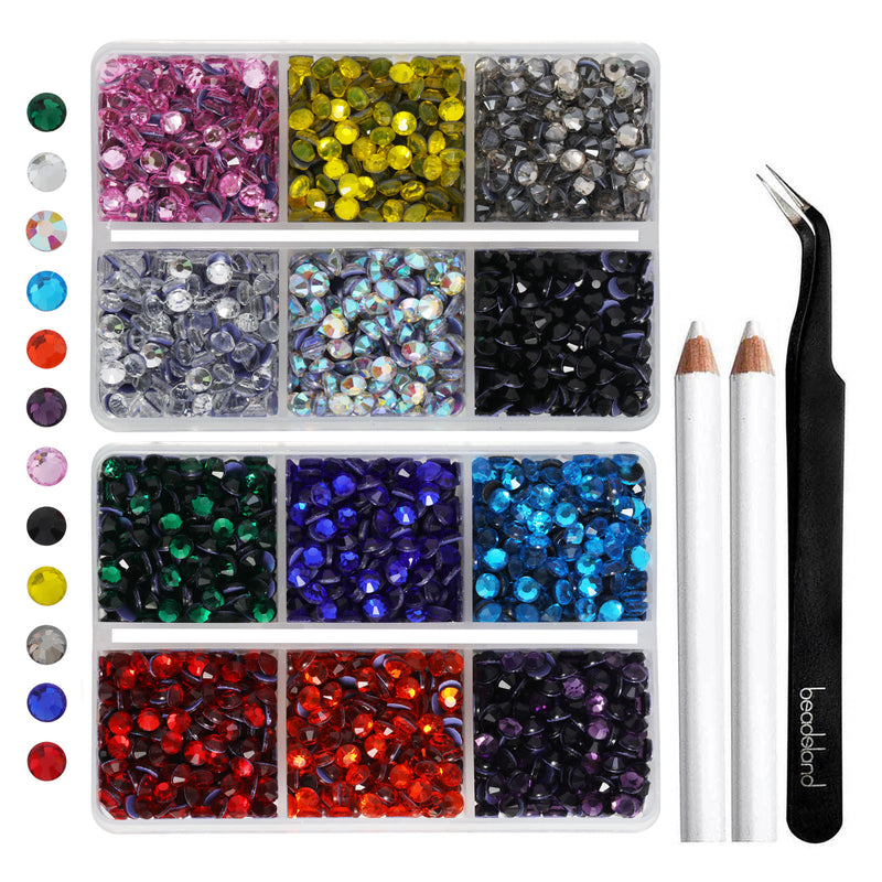 Hotfix Rhinestones Mixed 12 Colors, Rhinestones for Crafts Clothes, Hotfix Crystals with 1 Tweezers and 2 Wax Pencils