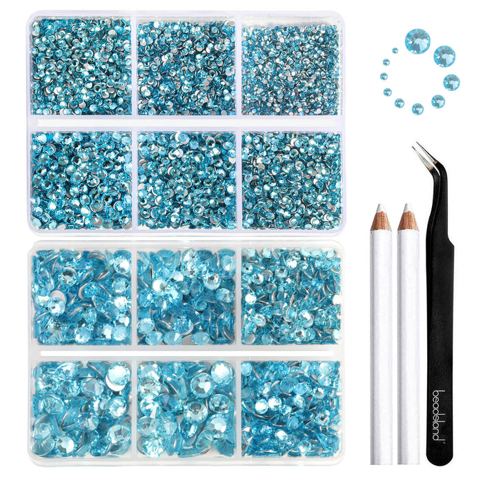 Beadsland 8300PCS Flatback Rhinestones, Nail Gems Round Crystal Rhinestones for Crafts, Mixed 10 Sizes with Wax Pencil and Tweezer Kit, SS3-SS30-Aquamarine
