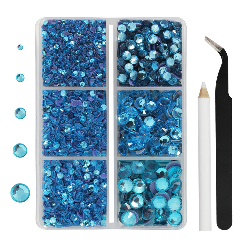 Hotfix Rhinestones 3960pcs, Rhinestone for Clothes, Hot Fix Crystals Rhinestones with Tweezers and Wax Pencil Kit,Mixed 5 Sizes, SS6-SS30, Aquamarine
