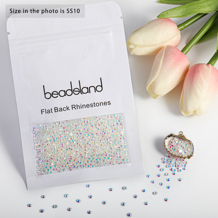 Beadsland Flat Back Crystal Rhinestones Round Gems For Nail Art And Craft Glue Fix- Transparent AB