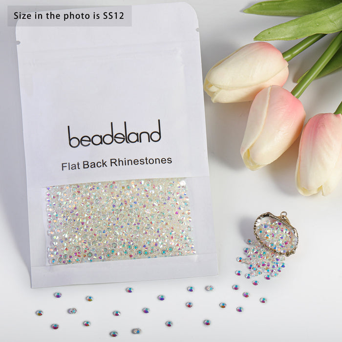 Beadsland Flat Back Crystal Rhinestones Round Gems For Nail Art And Craft Glue Fix- Transparent AB
