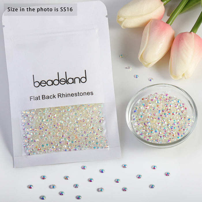 Beadsland Flat Back Crystal Rhinestones Round Gems For Nail Art And Craft Glue Fix- Transparent AB