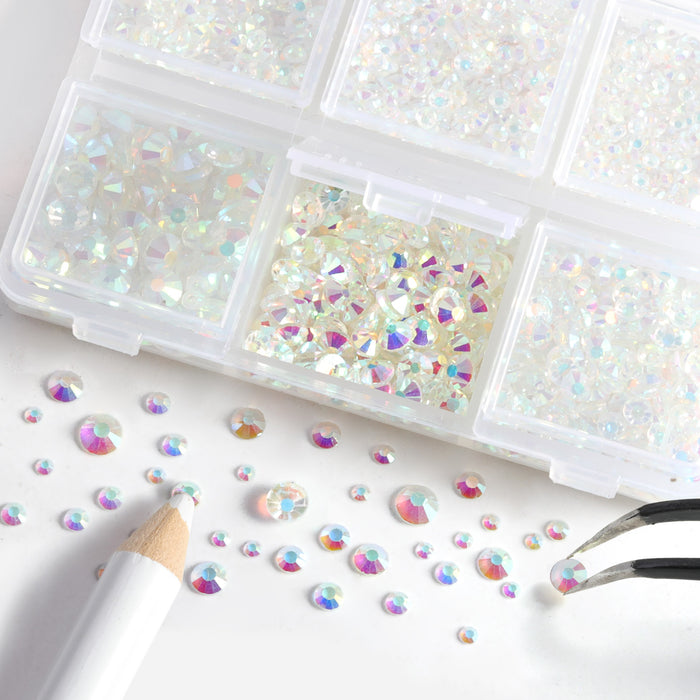 Beadsland 4300pcs Flatback Rhinestones,  Nail Gems Round Crystal Rhinestones for Crafts,Mixed 6 Sizes with Picking Tweezers and Wax Pencil Kit- Transparent AB