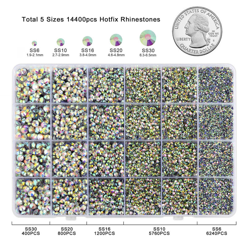 Hotfix Rhinestones Multi Sizes Kit, 14400 pcs Heat Fix Rhinestone for Bedazzling Clothes Crafts Mixed 5 Sizes with Wax Pencil, Tweezers and Spoon, SS6-SS30, Clear AB