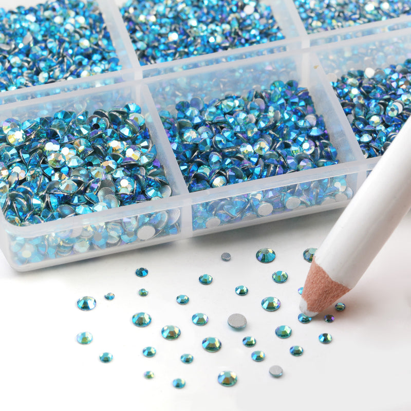 Beadsland 7200pcs Flatback Rhinestones,Nail Gems Round Crystal Rhinestones for Crafts,Mixed 6 Sizes with Wax Pencil Kit, SS3-SS10-Aquamarine AB