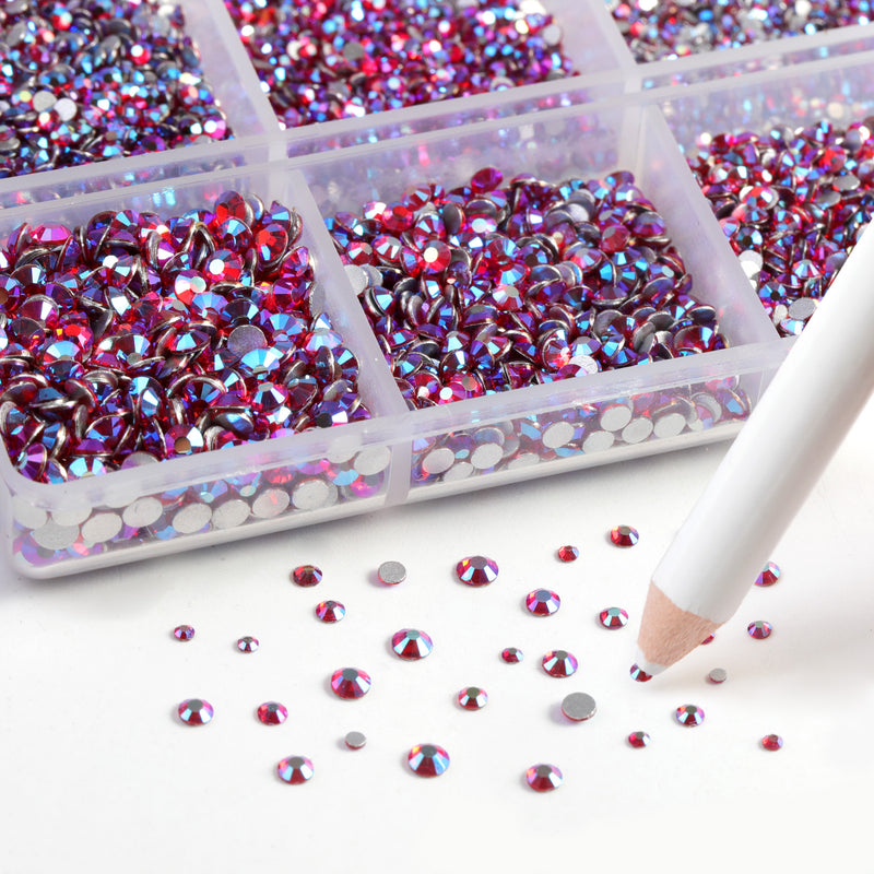 Beadsland 7200pcs Flatback Rhinestones,Nail Gems Round Crystal Rhinestones for Crafts,Mixed 6 Sizes with Wax Pencil Kit, SS3-SS10，Light Siam AB