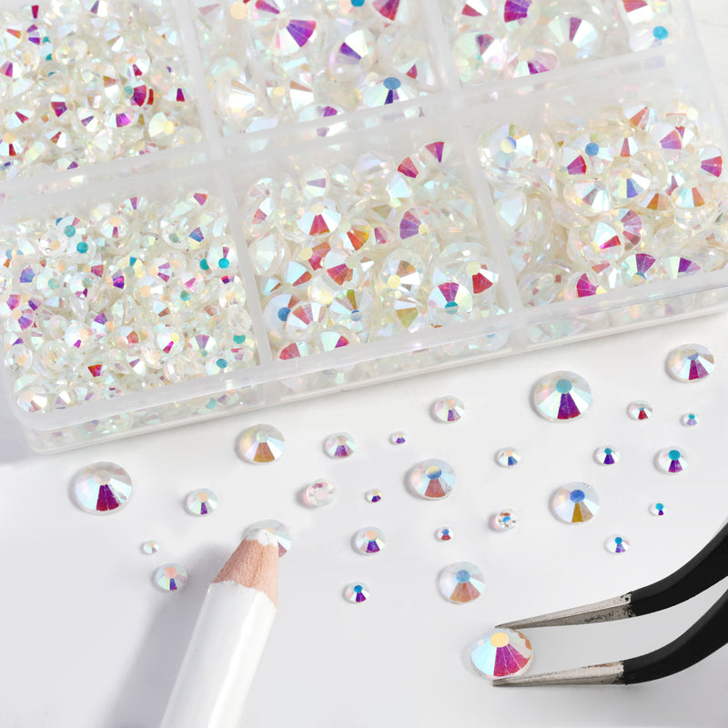 Beadsland 8300PCS Flatback Rhinestones, Nail Gems Round Crystal Rhinestones for Crafts, Mixed 10 Sizes with Wax Pencil and Tweezer Kit, SS3-SS30-Transparent AB