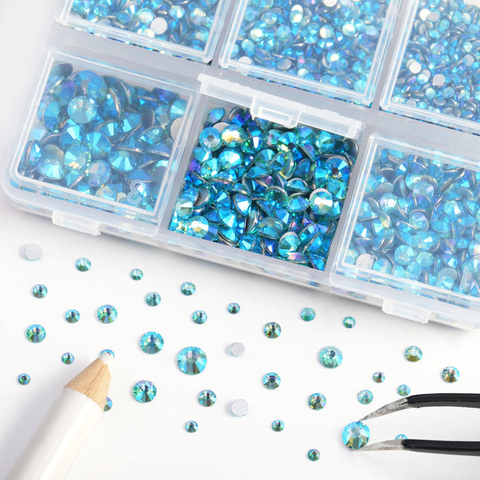 Beadsland 4300pcs Flatback Rhinestones,  Nail Gems Round Crystal Rhinestones for Crafts,Mixed 6 Sizes with Picking Tweezers and Wax Pencil Kit- Aquamarine AB