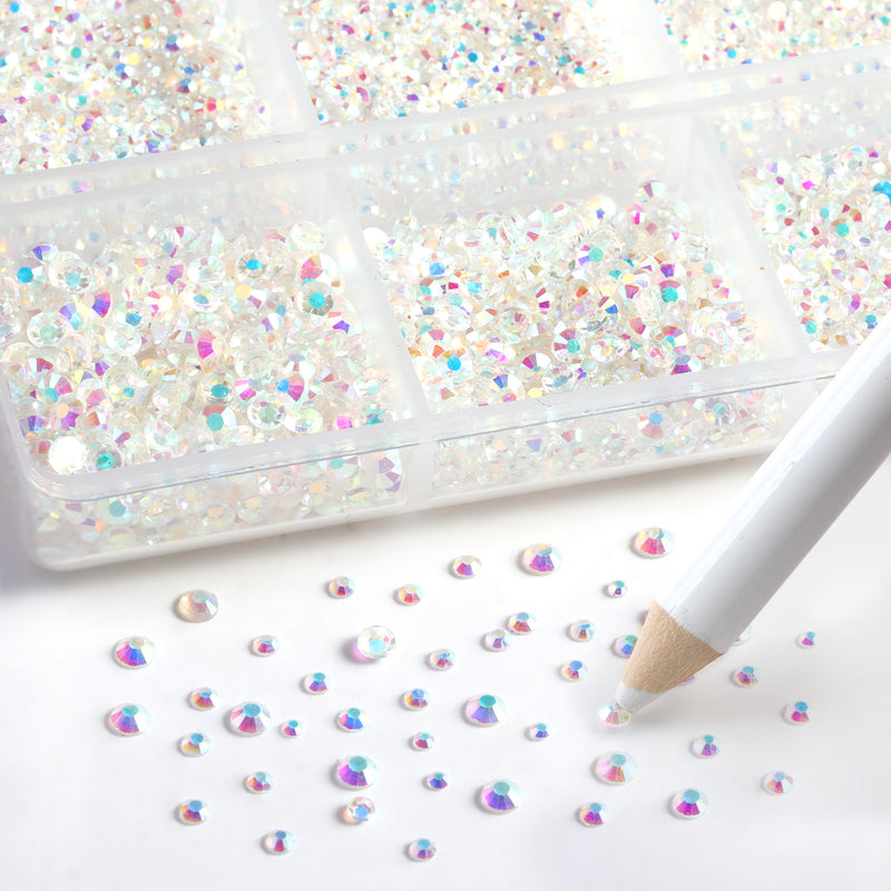 Beadsland 7200pcs Flatback Rhinestones,Nail Gems Round Crystal Rhinestones for Crafts,Mixed 6 Sizes with Wax Pencil Kit, SS3-SS10-Transparent AB