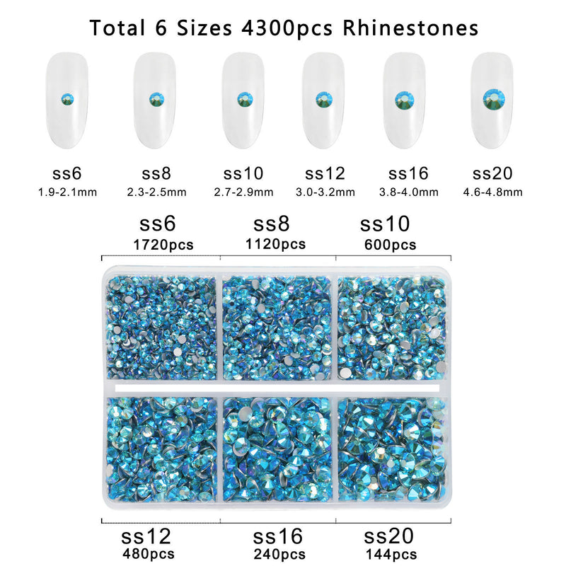 Beadsland 4300pcs Flatback Rhinestones,  Nail Gems Round Crystal Rhinestones for Crafts,Mixed 6 Sizes with Picking Tweezers and Wax Pencil Kit- Aquamarine AB