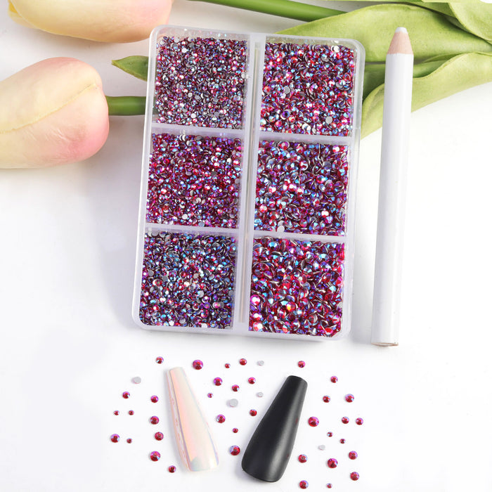 Beadsland 7200pcs Flatback Rhinestones,Nail Gems Round Crystal Rhinestones for Crafts,Mixed 6 Sizes with Wax Pencil Kit, SS3-SS10，Light Siam AB