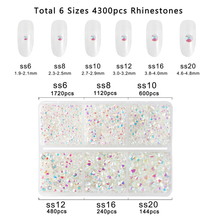Beadsland 4300pcs Flatback Rhinestones,  Nail Gems Round Crystal Rhinestones for Crafts,Mixed 6 Sizes with Picking Tweezers and Wax Pencil Kit- Transparent AB