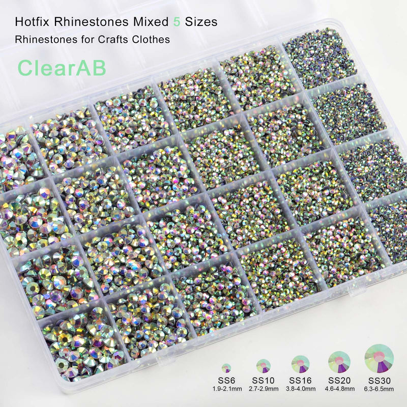 Hotfix Rhinestones Multi Sizes Kit, 14400 pcs Heat Fix Rhinestone for Bedazzling Clothes Crafts Mixed 5 Sizes with Wax Pencil, Tweezers and Spoon, SS6-SS30, Clear AB