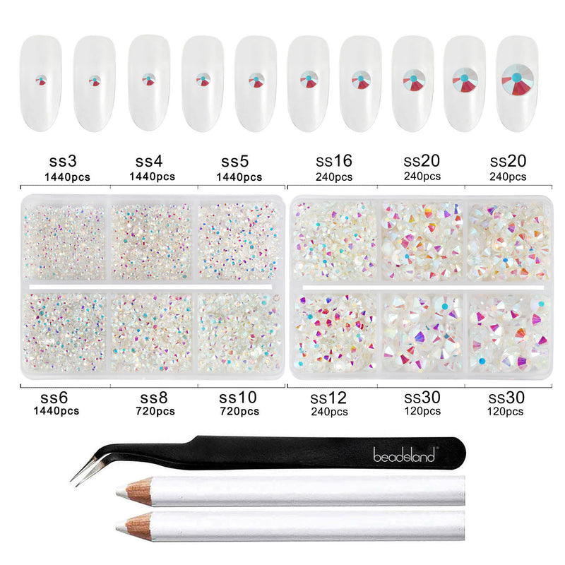 Beadsland 8300PCS Flatback Rhinestones, Nail Gems Round Crystal Rhinestones for Crafts, Mixed 10 Sizes with Wax Pencil and Tweezer Kit, SS3-SS30-Transparent AB