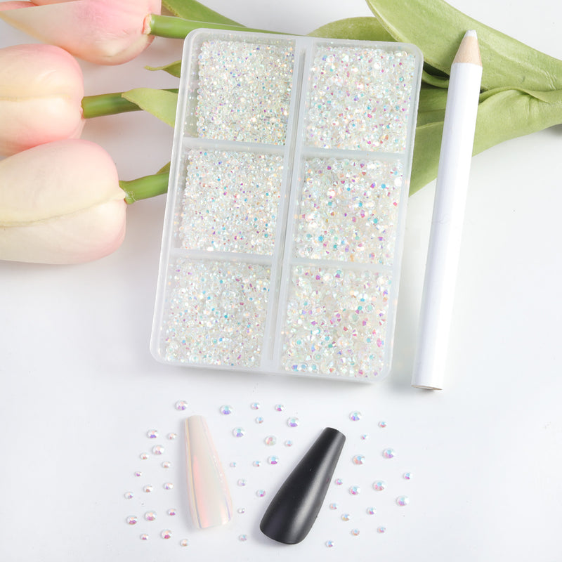 Beadsland 7200pcs Flatback Rhinestones,Nail Gems Round Crystal Rhinestones for Crafts,Mixed 6 Sizes with Wax Pencil Kit, SS3-SS10-Transparent AB