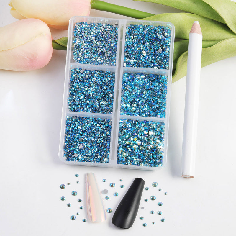 Beadsland 7200pcs Flatback Rhinestones,Nail Gems Round Crystal Rhinestones for Crafts,Mixed 6 Sizes with Wax Pencil Kit, SS3-SS10-Aquamarine AB