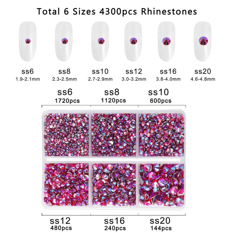 Beadsland 4300pcs Flatback Rhinestones,  Nail Gems Round Crystal Rhinestones for Crafts,Mixed 6 Sizes with Picking Tweezers and Wax Pencil Kit- Light Siam AB