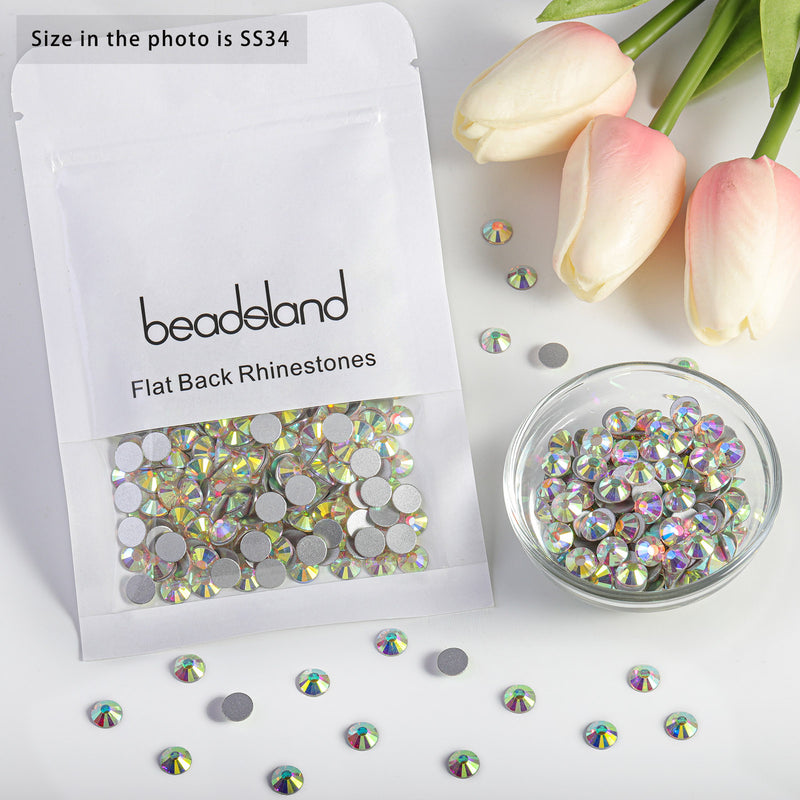 Beadsland Flat Back Crystal Rhinestones Round Gems For Nail Art And Craft Glue Fix - Crystal AB