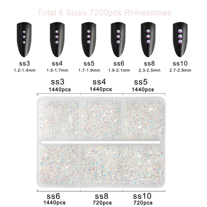 Beadsland 7200 piezas de diamantes de imitación con reverso plano, gemas para uñas, diamantes de imitación de cristal redondos para manualidades, 6 tamaños mixtos con kit de lápiz de cera, SS3-SS10-transparente