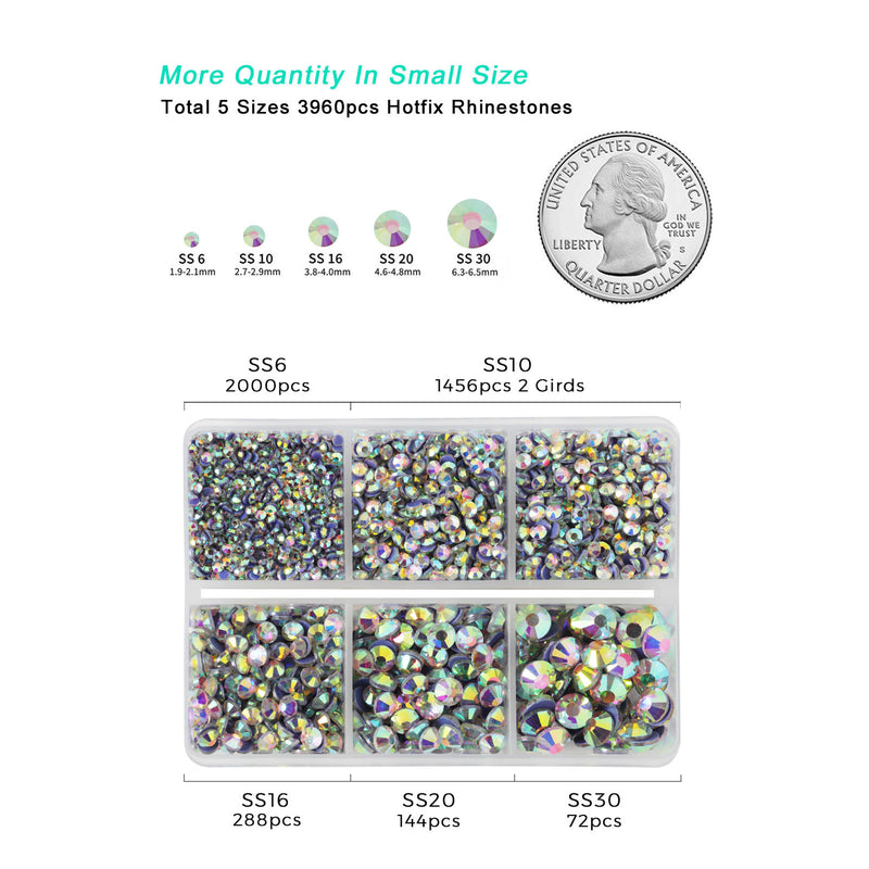 Hotfix Rhinestones 3960pcs, Rhinestone for Clothes, Hot Fix Crystals Rhinestones with Tweezers and Wax Pencil Kit,Mixed 5 Sizes, SS6-SS30, Crystal AB