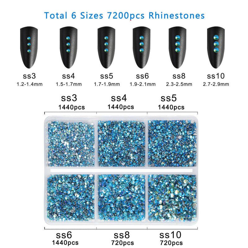 Beadsland 7200pcs Flatback Rhinestones,Nail Gems Round Crystal Rhinestones for Crafts,Mixed 6 Sizes with Wax Pencil Kit, SS3-SS10-Aquamarine AB