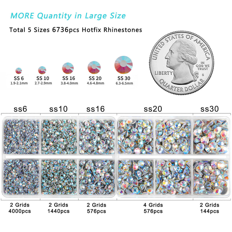 6736pcs Hotfix Rhinestones for Crafts Clothes Mixed 5 Sizes, Hotfix Crystals with Tweezers and Wax Pencil Kit, SS6-SS30- Crystal AB