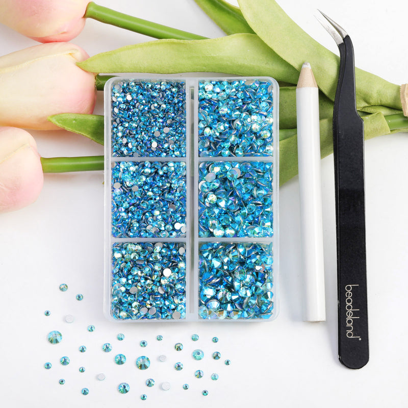 Beadsland 4300pcs Flatback Rhinestones,  Nail Gems Round Crystal Rhinestones for Crafts,Mixed 6 Sizes with Picking Tweezers and Wax Pencil Kit- Aquamarine AB