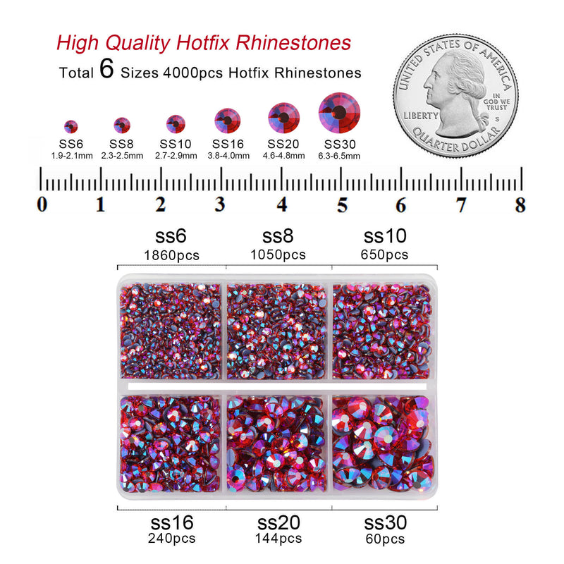 BEADSLAND Hotfix Rhinestones, 4000 PCS Hyacinth AB Rhinestones for Clothes Crafts Mixed 6 Sizes with Wax Pencil and Tweezers Kit, SS6-SS30, Hyacinth AB