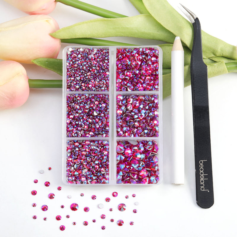 Beadsland 4300pcs Flatback Rhinestones,  Nail Gems Round Crystal Rhinestones for Crafts,Mixed 6 Sizes with Picking Tweezers and Wax Pencil Kit- Light Siam AB