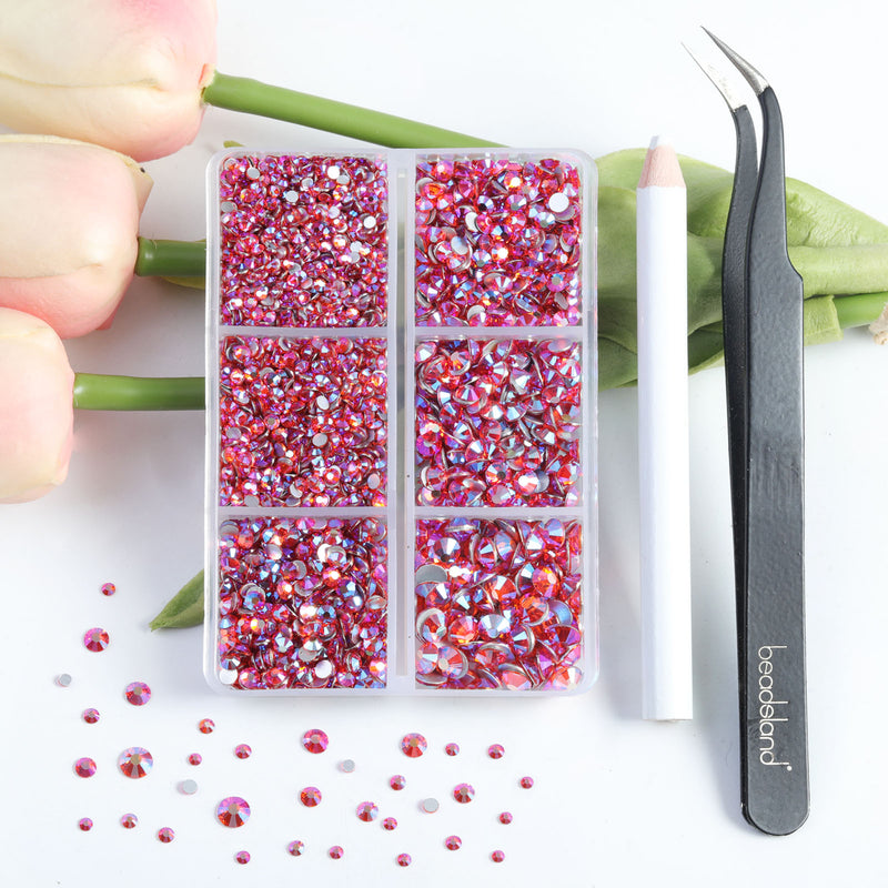 Beadsland 4300pcs Flatback Rhinestones,  Nail Gems Round Crystal Rhinestones for Crafts,Mixed 6 Sizes with Picking Tweezers and Wax Pencil Kit- Hyacinth AB
