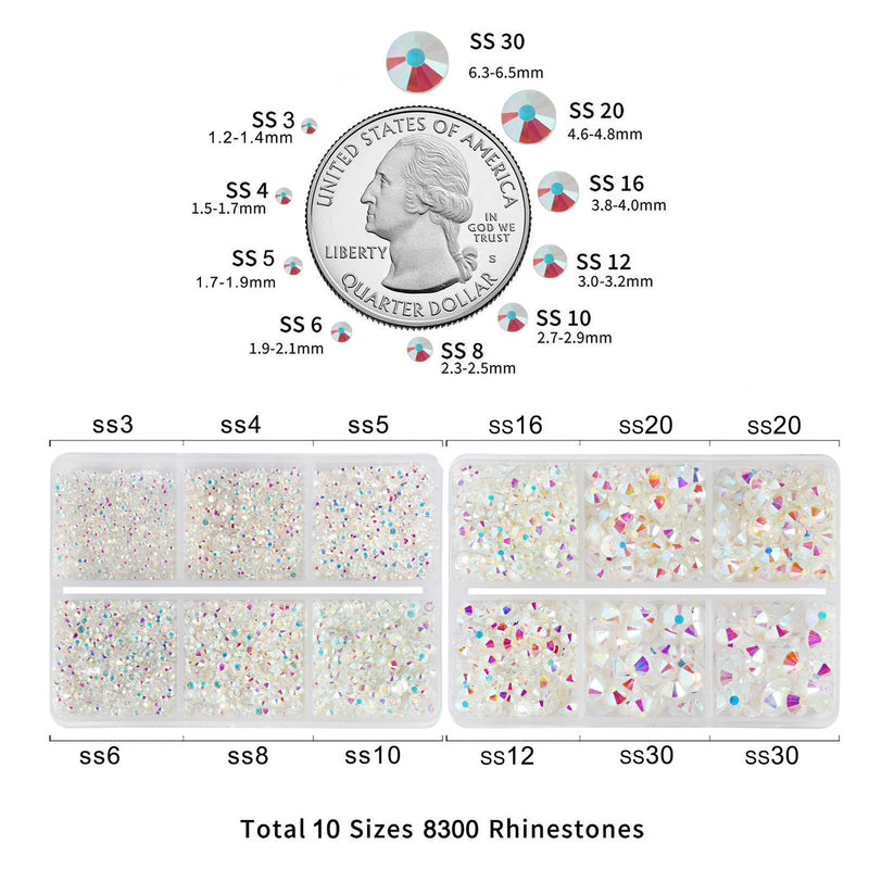 Beadsland 8300PCS Flatback Rhinestones, Nail Gems Round Crystal Rhinestones for Crafts, Mixed 10 Sizes with Wax Pencil and Tweezer Kit, SS3-SS30-Transparent AB