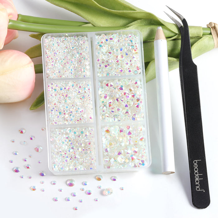Beadsland 4300pcs Flatback Rhinestones,  Nail Gems Round Crystal Rhinestones for Crafts,Mixed 6 Sizes with Picking Tweezers and Wax Pencil Kit- Transparent AB