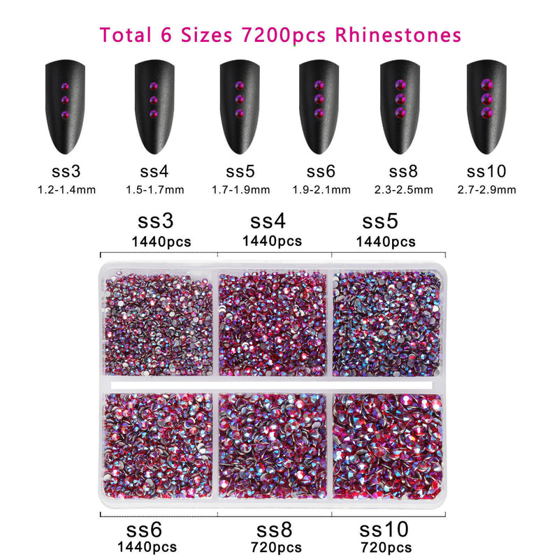 Beadsland 7200pcs Flatback Rhinestones,Nail Gems Round Crystal Rhinestones for Crafts,Mixed 6 Sizes with Wax Pencil Kit, SS3-SS10，Light Siam AB
