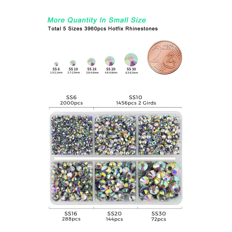 Hotfix Rhinestones 3960pcs, Rhinestone for Clothes, Hot Fix Crystals Rhinestones with Tweezers and Wax Pencil Kit,Mixed 5 Sizes, SS6-SS30, Crystal AB